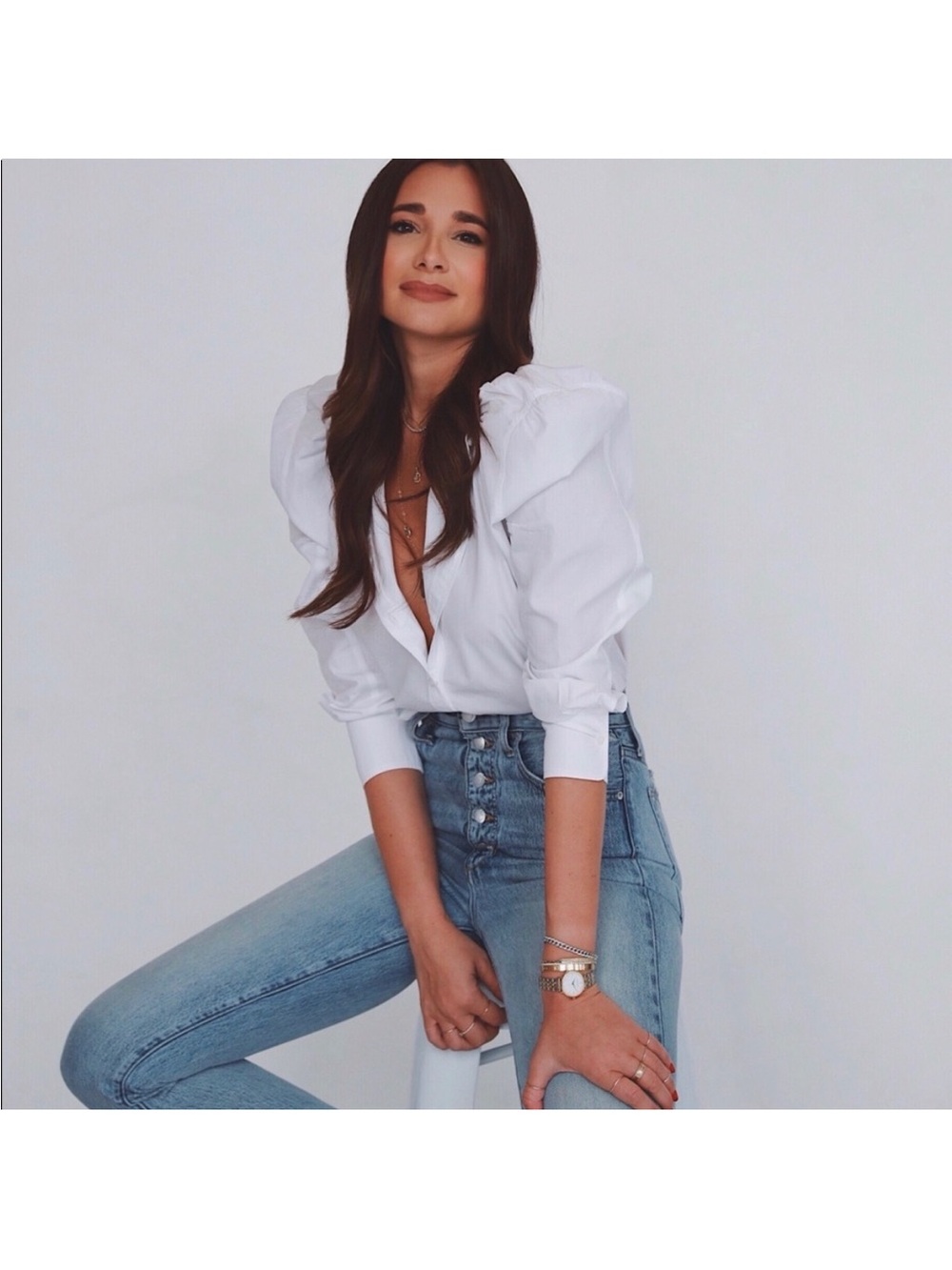 DANIELLE BERNSTEIN White Button-Front Puff Sleeve Bodysuit